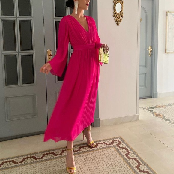 Zara | Dresses | Zara Pleated Midi Dress Fuchsia Pink | Poshmark